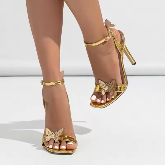 Micas Shoes - Gold Summer Sandals Women Butterfly Square Open Toe Pumps Buckle Strap 38 (6-3)